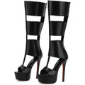Fancyqueen Platform Knee High Sandals For Women, Gladiator Open Toe Summer Booties Black Heels Sandal Boots, Sexy Style Casual For Party