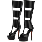 Fancyqueen Platform Knee High Sandals For Women, Gladiator Open Toe Summer Booties Black Heels Sandal Boots, Sexy Style Casual For Party
