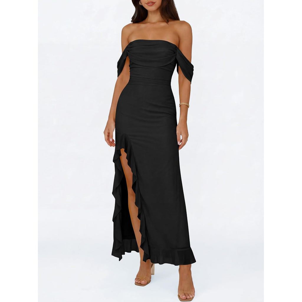 Caracilia Womens Summer Off The Shoulder Formal Bodycon Maxi Dresses High Slit Ruffle Hem Mesh Wedding Guest Cocktail Dress