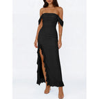 Caracilia Womens Summer Off The Shoulder Formal Bodycon Maxi Dresses High Slit Ruffle Hem Mesh Wedding Guest Cocktail Dress