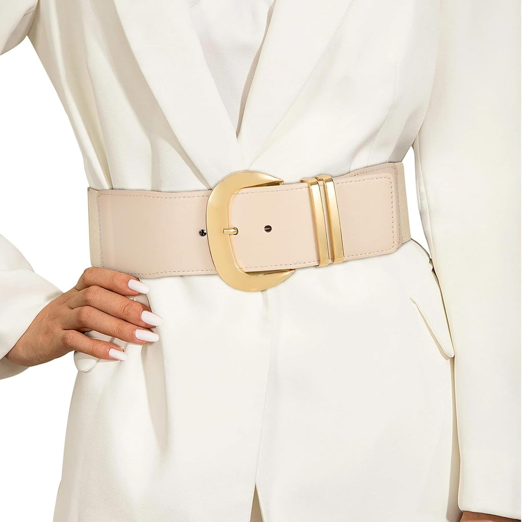 WHIPPY Women Wide Elastic Waist Belt for Dresses Fashion Gold Buckle Stretchy Leather Waistband for Ladies