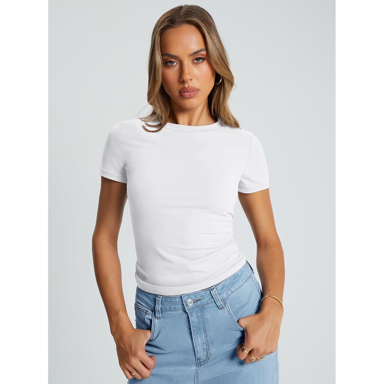 Womens Basic T Shirts - Stretchy Soft Slim Fit Short Sleeve Y2k Cute Summer Crop Workout Tops