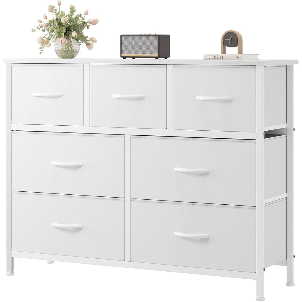 Olixis 7 Drawer Closet Organizer, Storage Tower With Sturdy Steel Frame | White Dresser For Bedroom, Wooden Top & Easy Pull Fabric Bins, Clothes Organization, Living Room Entryway
