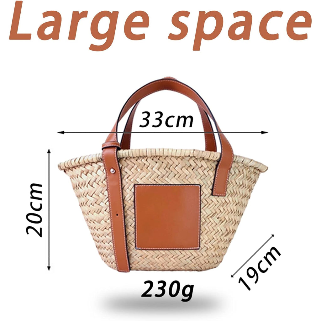Straw Basket Tote Bag For Women Pu Leather Strap Hollow Woven Top Handle Straw Purses And Handbags