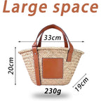 Straw Basket Tote Bag For Women Pu Leather Strap Hollow Woven Top Handle Straw Purses And Handbags