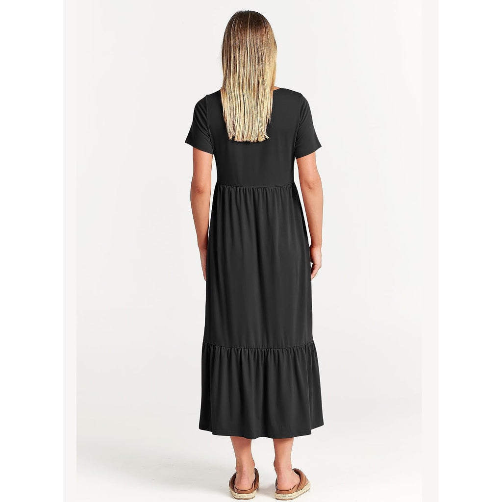 Anrabess Womens 2026 Summer Casual Maxi Dress A Line Tiered Flowy Short Sleeve Crewneck T Shirt Beach Travel Long Dresses