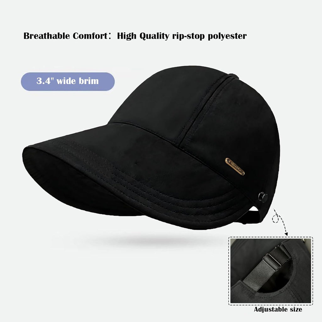 huablo]UPF 50+Womens Sun Hat UV Protection Hiking Fishing Hats Wide Brim Hat Adjustable Ponytail Packable Sun Cap Black
