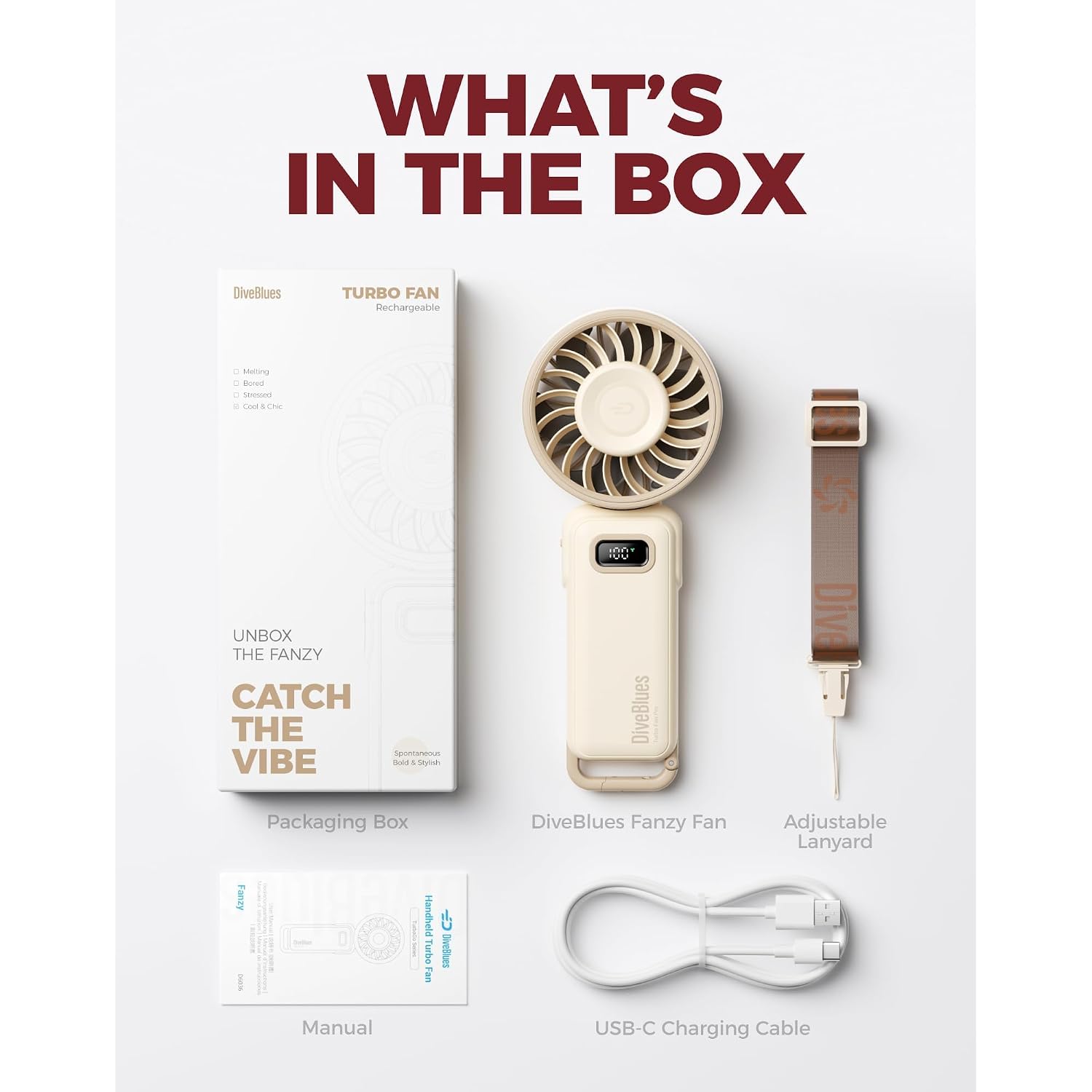 Diveblues Portable Handheld Fan D6036 Cream | 7.4M/S High Speed Turbo, 180° Foldable 4-In-1, Personal Neck Fan With Carabiner Clip, 100 Speed Stepless Control