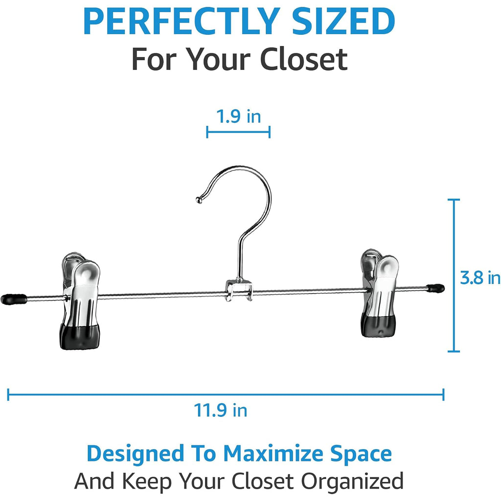 Zober Metal Pants Hangers With Clips - Pack Of 20 Space Saving Skirt Hangers For Women - Chrome, Non-Slip, Adjustable Clips, For Pants, Skirts, Jeans Closet Organization, College Dorm Essentials