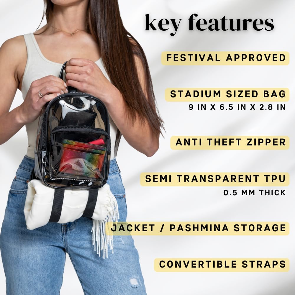 Otw Onthewae Anti-Theft Black Clear Transparent Small Mini Backpack Convertible Straps Crossbody For Raves Stadium Festival Concert (Mini W Strap - Black)
