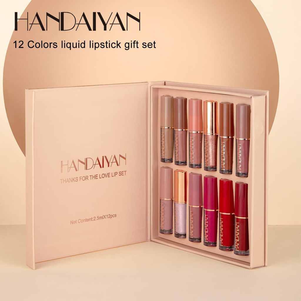 12 Colors Matte & Glossy Liquid Lipstick Set – Book Style Gift Kit for Women & Girls – Long Lasting Waterproof Lip Gloss with Nude, Pink, Red Shades, Non-Sticky, Transfer-Proof Lip Stain (Set A)
