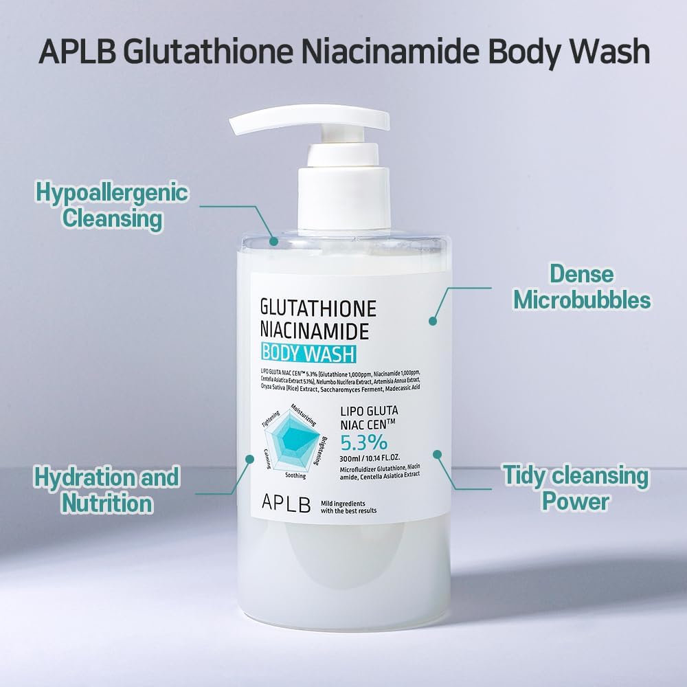 Aplb Glutathione Niacinamide Body Wash | Lipo Gluta Niac Cen™ 5.3% 10.14 Fl.Oz/Korean Skincare, Gentle Ingredients For The Safety Of Your Skin, Long Lasting Deep Moisture For Soft Skin