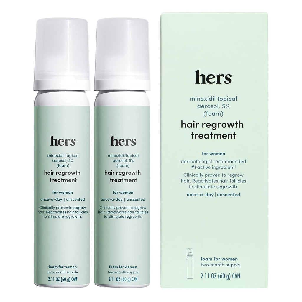 hers Hair Regrowth Treatment - Topical Minoxidil 5% Foam for Women - Extra Strength - Supports Thicker, Fuller Hair - Non-Greasy - Unscented, 2 Pack