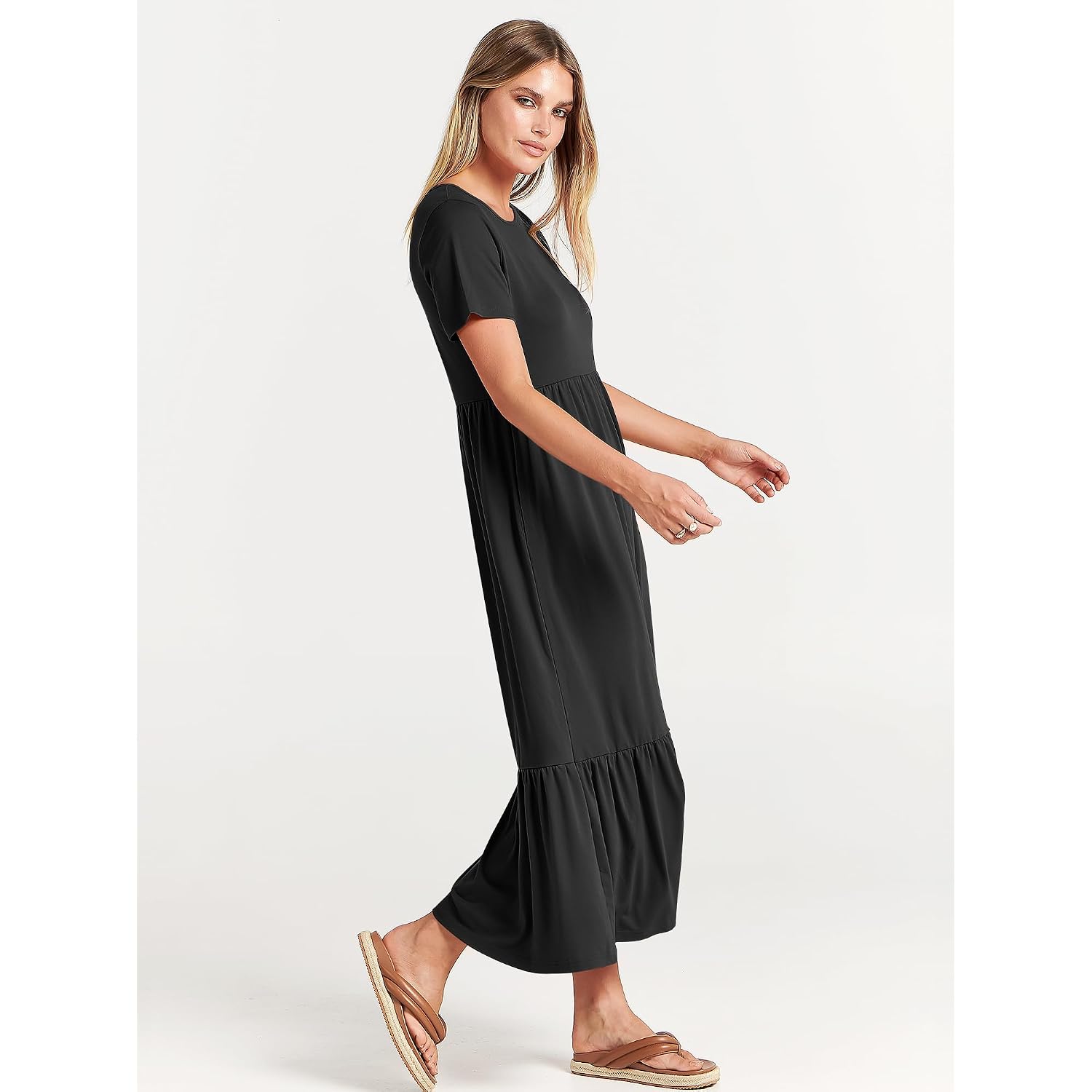 Anrabess Womens 2026 Summer Casual Maxi Dress A Line Tiered Flowy Short Sleeve Crewneck T Shirt Beach Travel Long Dresses