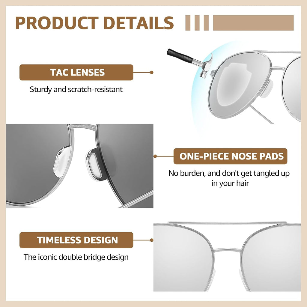 TJUTR Tangle Free Aviator Sunglasses for Women Men, Polarized UV400 Protection Trendy Shades, No-Snag Metal Frame Glasses A23 Satin Silver/Chrome Silver