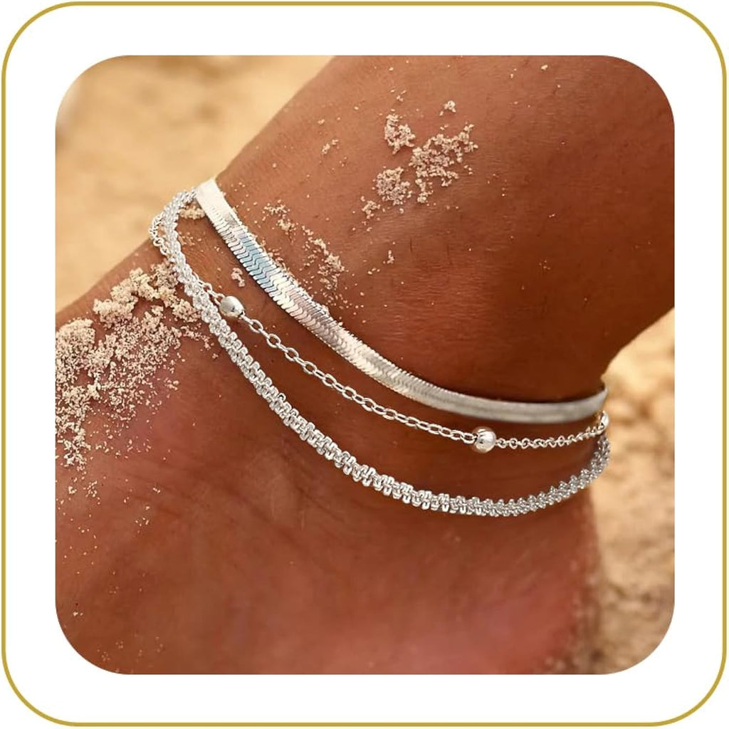 Tewiky Sterling Silver Plated Ankle Bracelets for Women,Dainty Layered Waterproof Anklet for Women Adjustable Sparkly Herringbone Beaded Rope Chain Set Stackable Cute Summer Beach Jewelry Gift