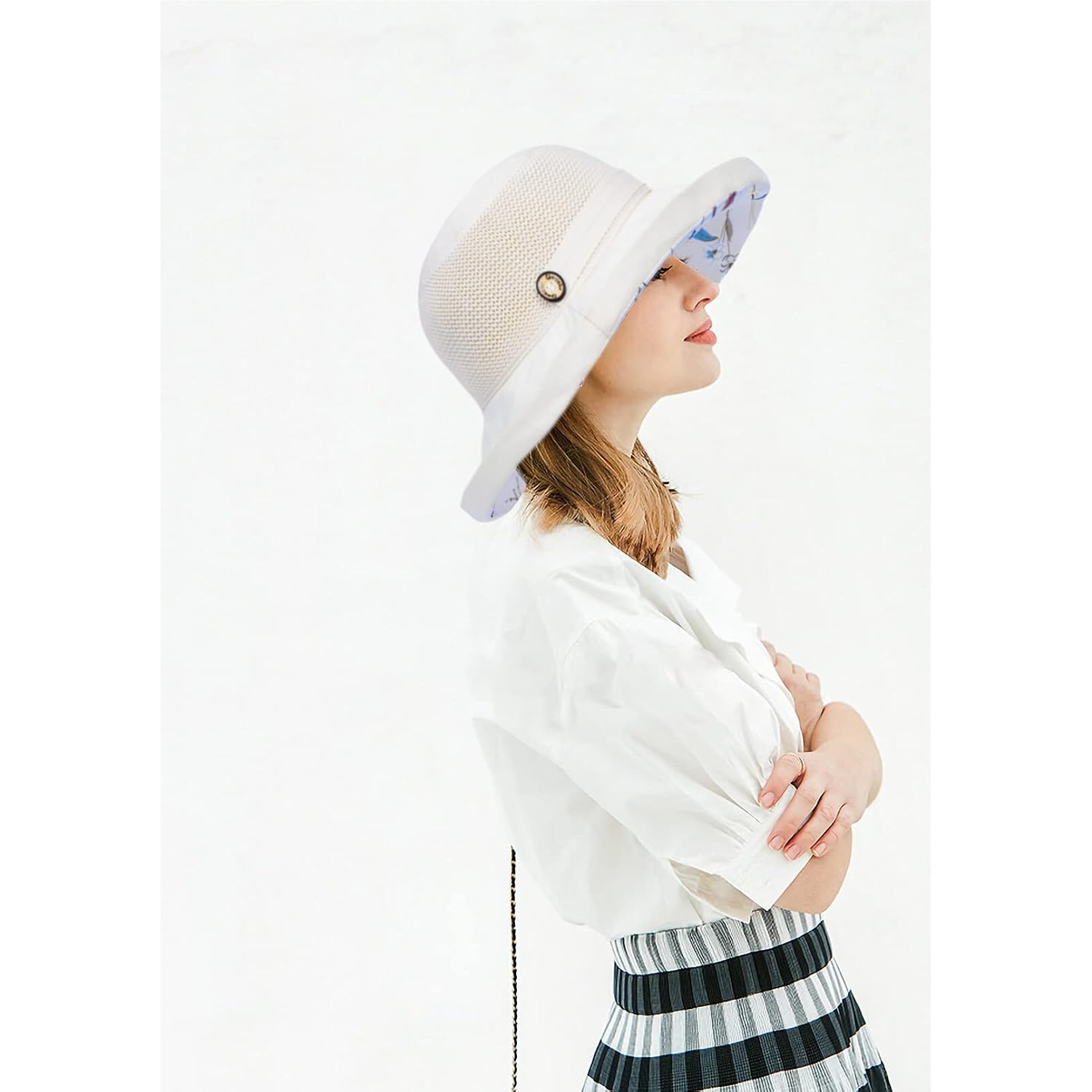 Women Summer Sun Hat Floral Beach Hat Wide Brim UV Protection Packable Bucket Cap for Vacation Travel Beige