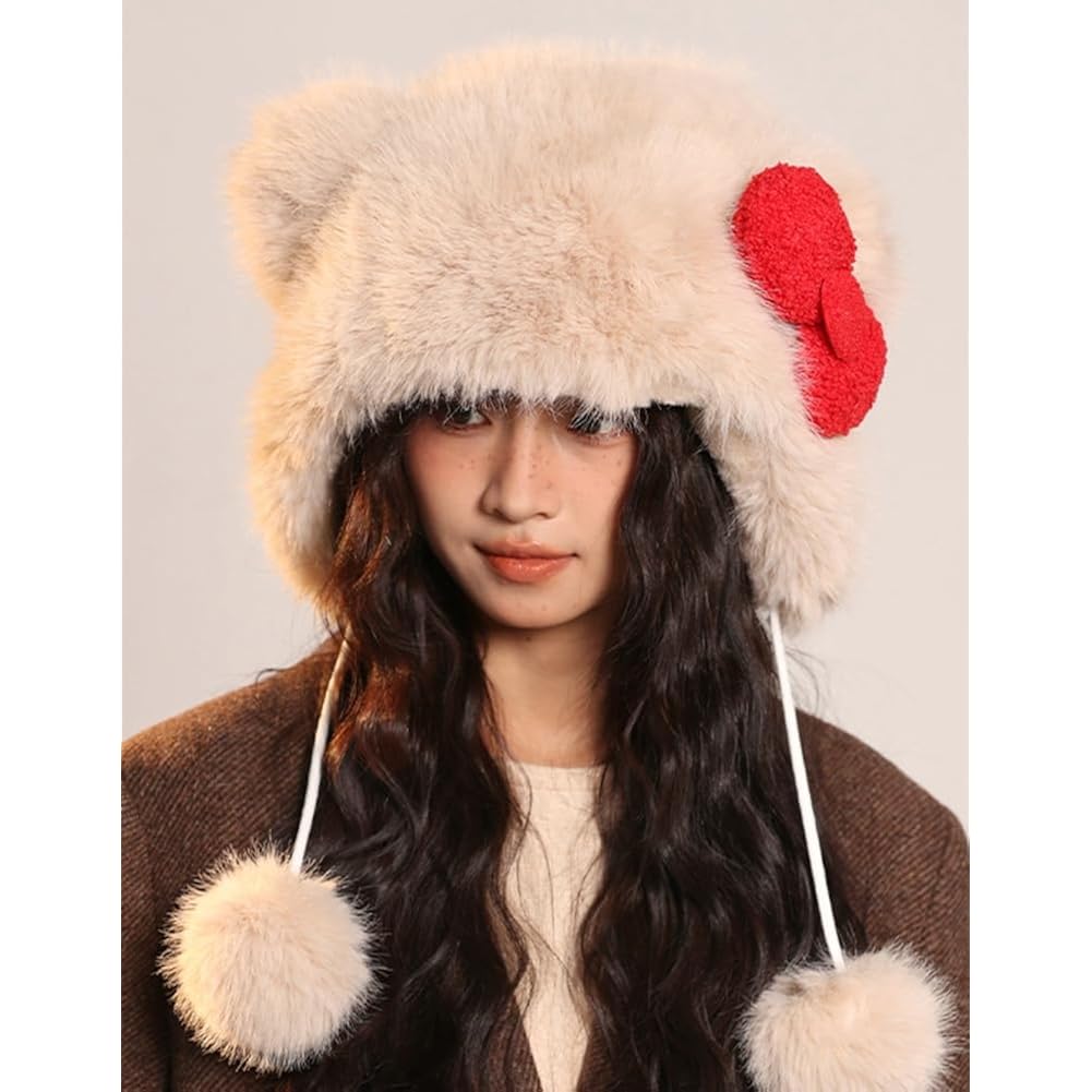 Pocadri Womens Winter Fluffy Faux Fur Trapper Hat Cute Cartoon Ear Beanie Cap Fleece Snow Hat with Earflap Festival Gifts
