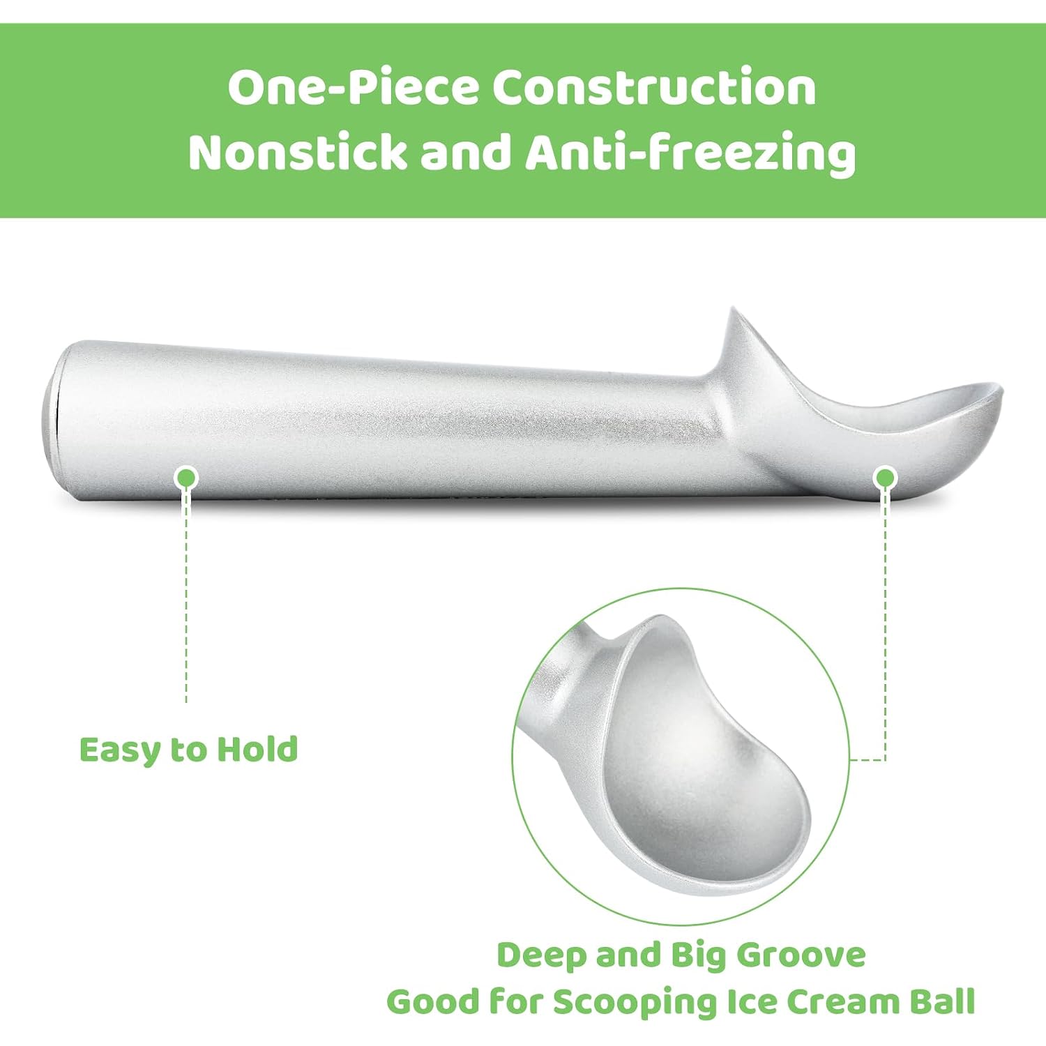 Ice Cream Scoop,7 Inches Nonstick Anti-Freeze One Piece Aluminum Scooper Spoon, Heavy Duty Durable Design, Easy Clean, For Gelato, Cookie Dough, Sorbet, Almond (Silver)