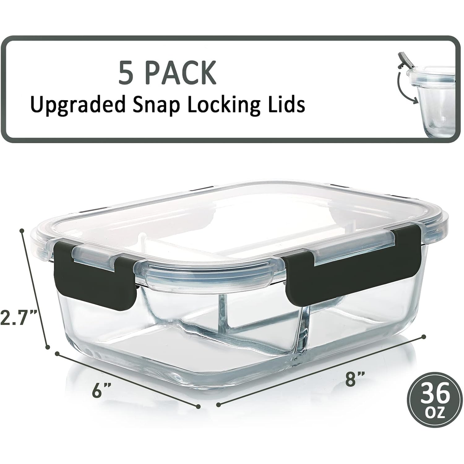 M Mcirco [5-Pack, 36 Oz] Glass Meal Prep Containers 3 Compartment With Lids, Glass Lunch Containers,Food Prep Lunch Box,Bento Box,Microwave, Oven, Freezer, Dishwasher (4.5 Cups)