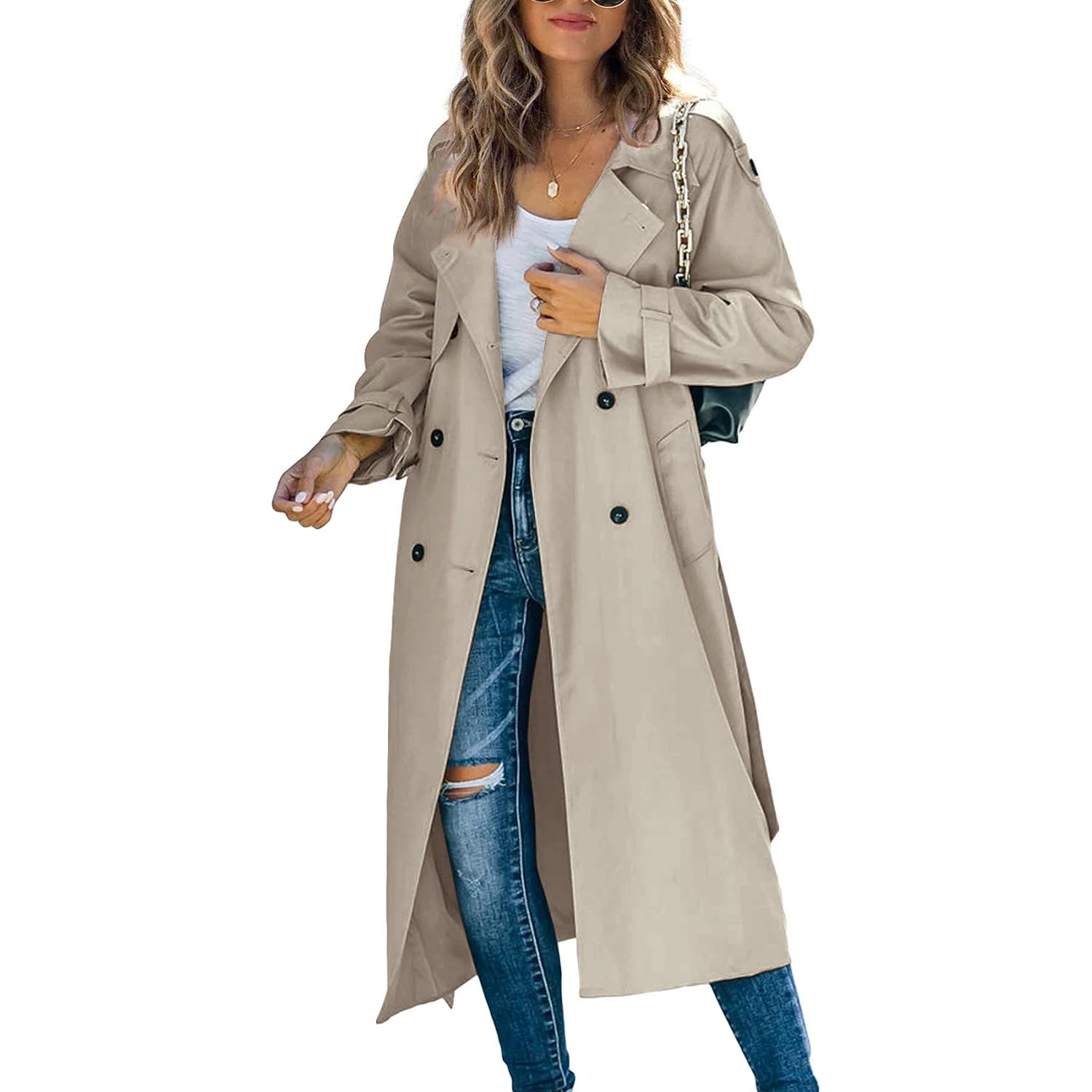 Women'S Double Breasted Long Trench Coat Windproof Classic Lapel Slim Overcoat With Belt