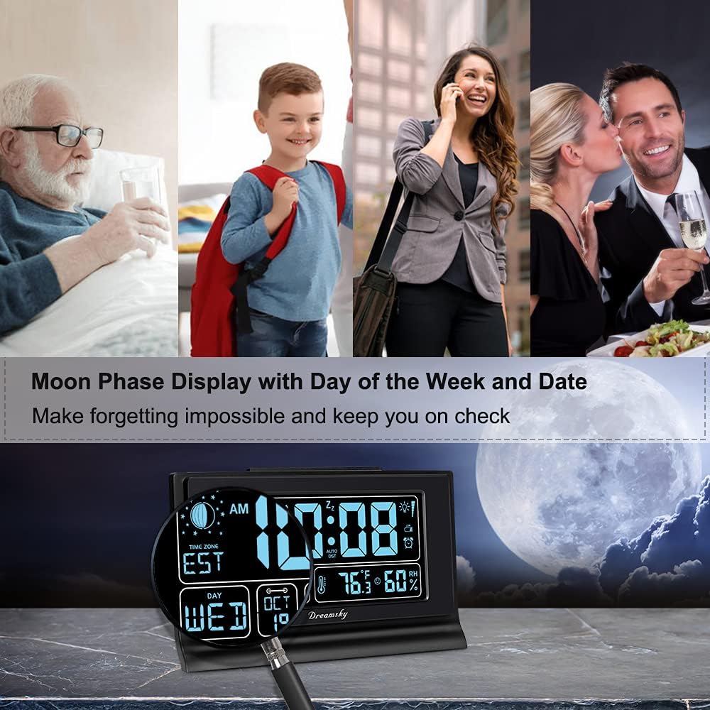 Dreamsky Alarm Clocks For Bedrooms With Battery Backup, Auto Set | Digital Clock With Date And Day Of Week, Indoor Temperature Humidity, Moon Phase, Dimmer, Auto Dst, Usb Port