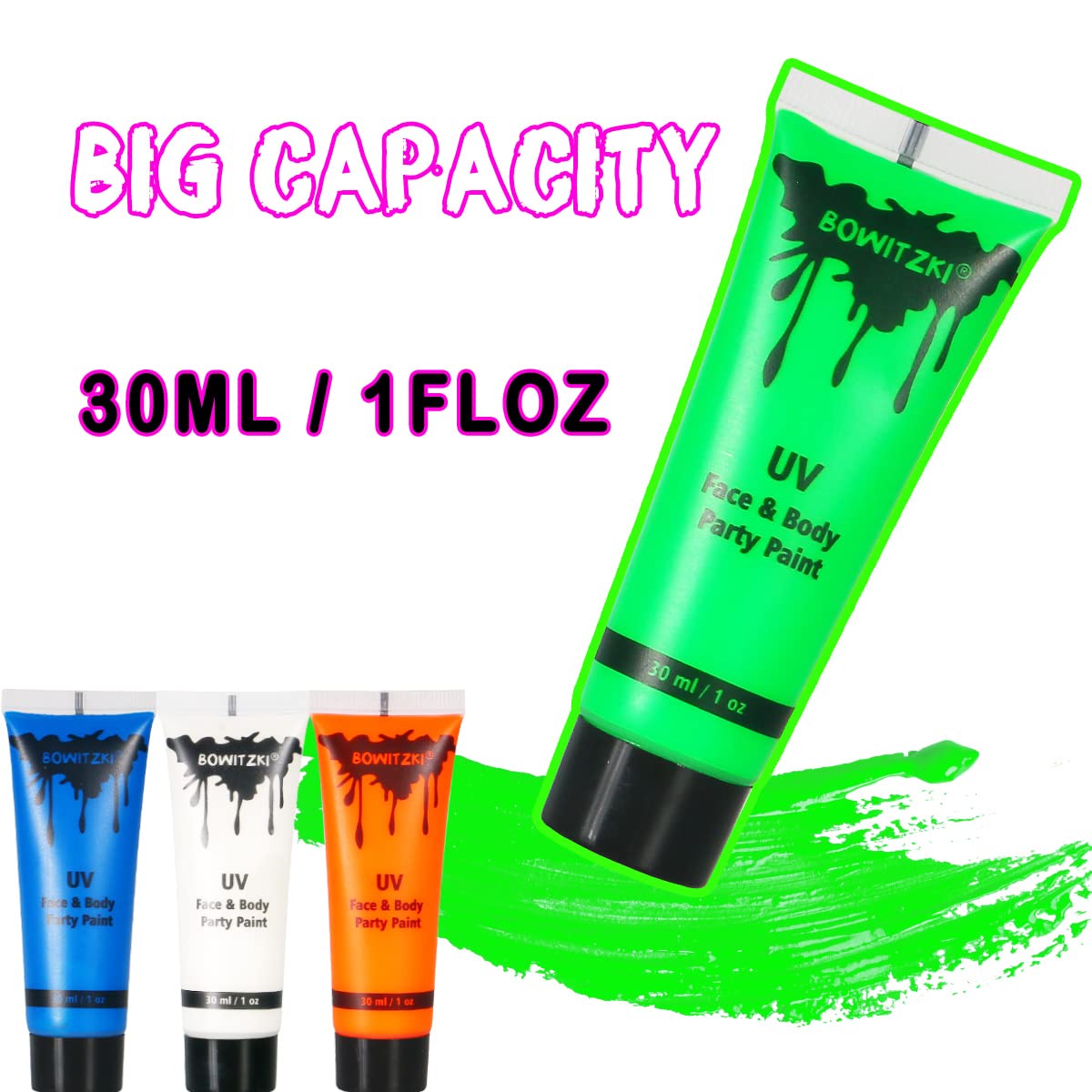 Bowitzki UV Neon Face and Body Paint 8 x 30ml Liquid Kit Black Light Glow in the Dark Makeup Set Fluorescent Blacklight reactive Painting for Adults Music Festivals Party Halloween Christmas