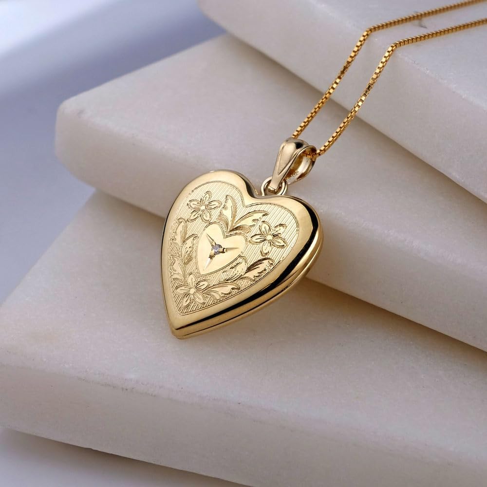 PicturesOnGold.com 14K Gold Filled Floral Heart Photo Locket with Diamond - 3/4 inch x 3/4 inch - Includes 18 inch Chain