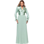 Xscape Women'S Satin Surplice Neck Long Sleeve Floor Length Dress
