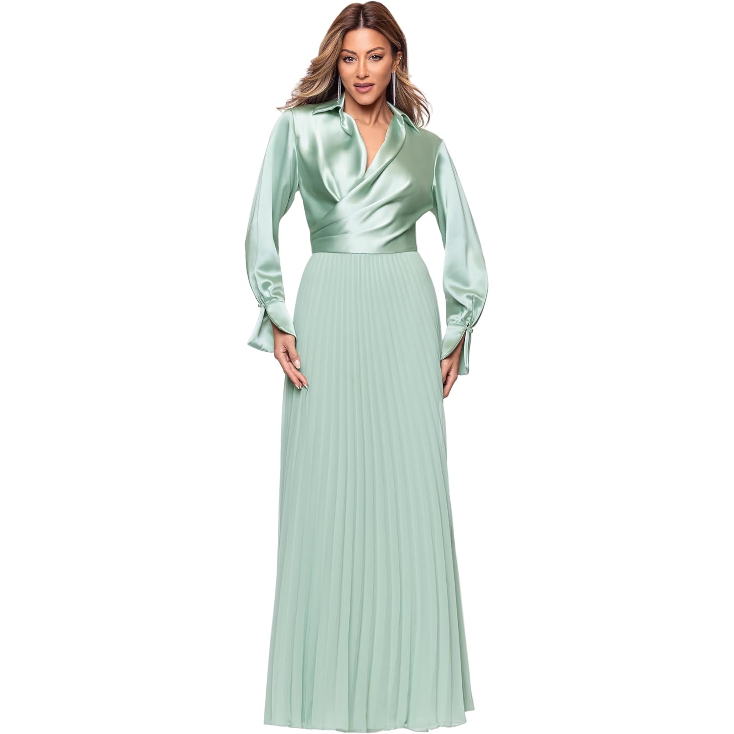 Xscape Women'S Satin Surplice Neck Long Sleeve Floor Length Dress