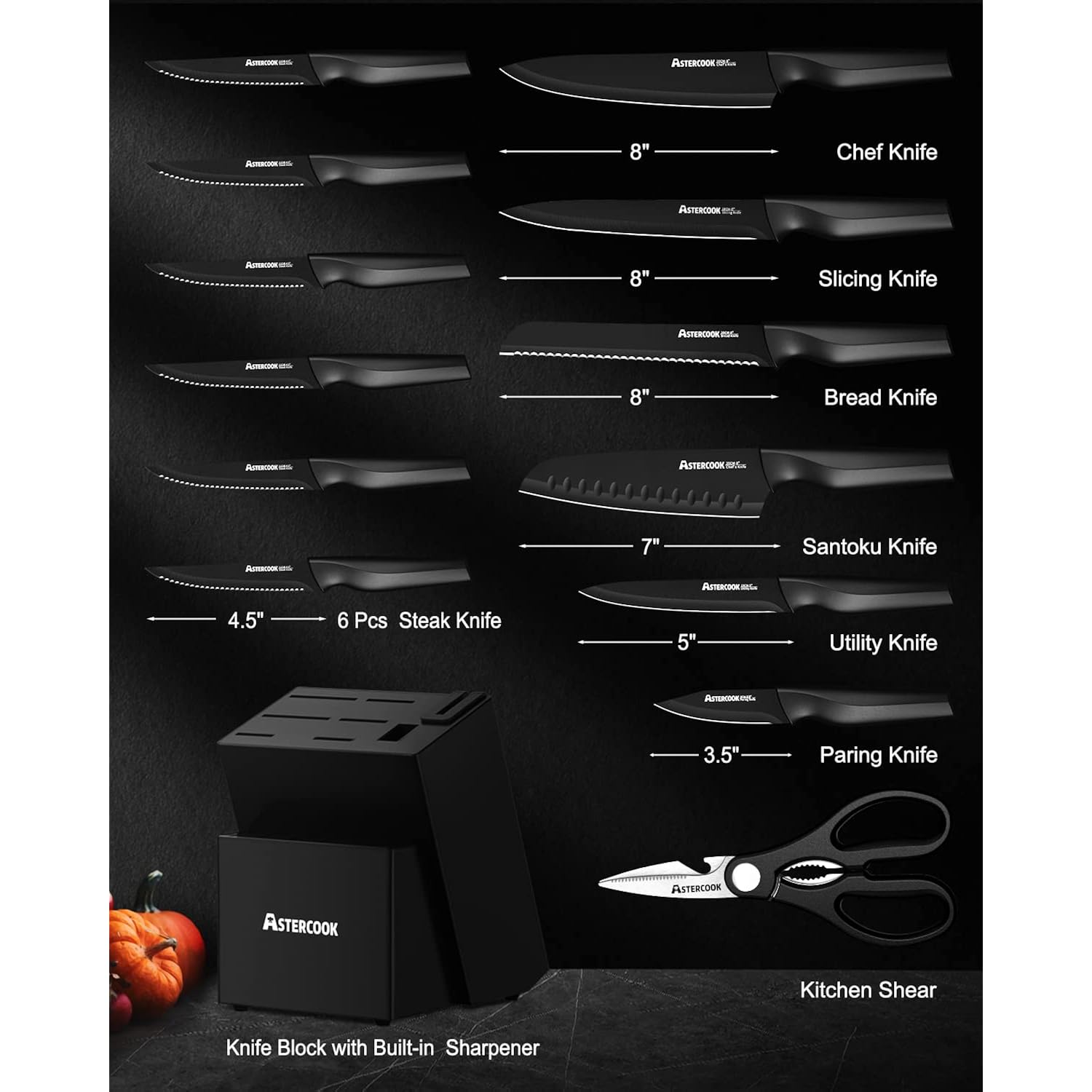 Astercook Knife Set, Kitchen Knife Set with Built-in Sharpener Block, Dishwasher Safe, 15 Pieces German Stainless Steel Knife Block Set, Black Perfect Kitchen Gifts for Mom Dad