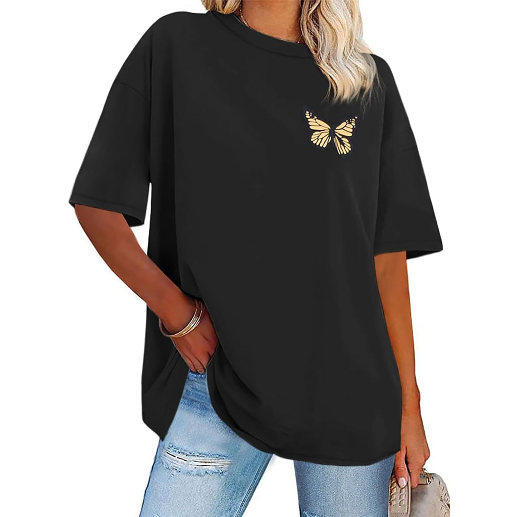 Womens Oversized Tshirt Graphic Tees Crew Neck Summer Short Sleeve Loose Fit Tops 2026 A-butterfly Print Black