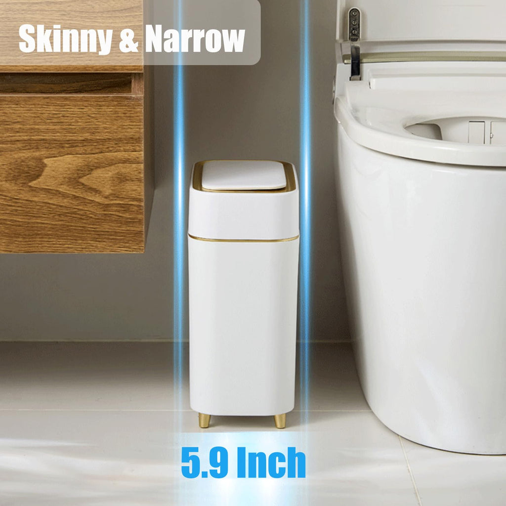 Yatmung 2-Pack - Automatic Compact Trash Can With Touchless Lid Smart Garbage Can - Waste Basket For Bathroom, Bedroom, Laundry Room, Small Spaces - Motion Sensor Trash Bin - White With Gold Edge