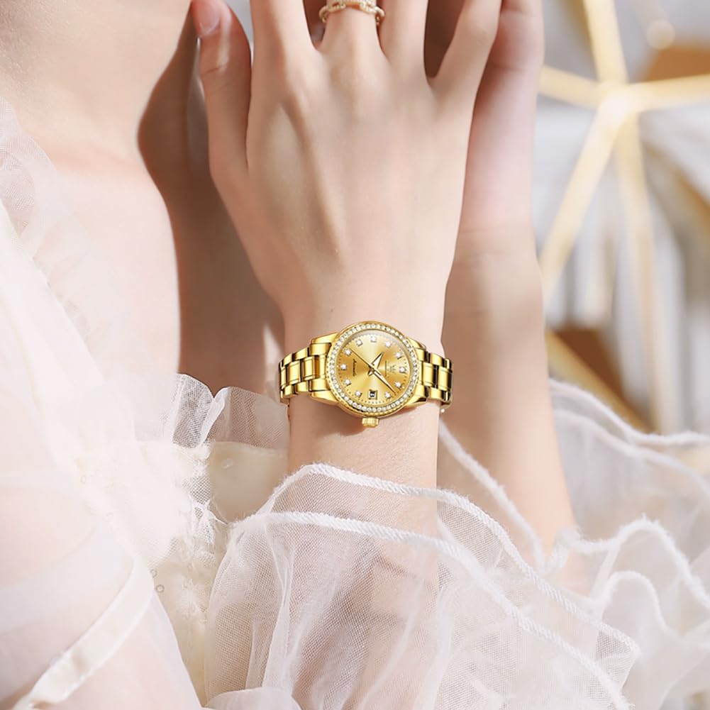 Olevs Womens Automatic Watch Gold Luxury Diamond Self Winding Ladies Wrist Watches Waterproof Luminous Date
