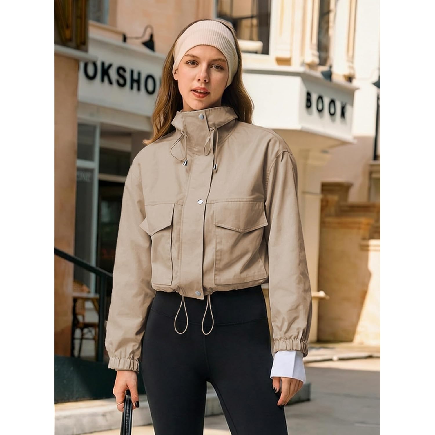 Tankaneo Womens Cropped Jacket Zip Up Lightweight Oversized Utility Anorak Coat With Pockets