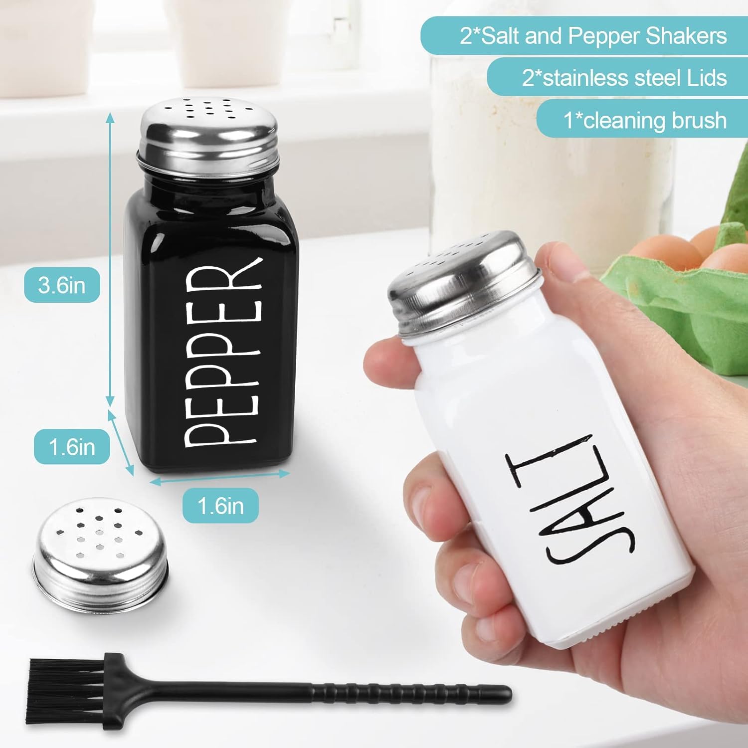 2 Pack Salt And Pepper Shakers Set, Glass Shaker With Stainless Steel Lid, Modern And Cute Farmhouse (Black And White)