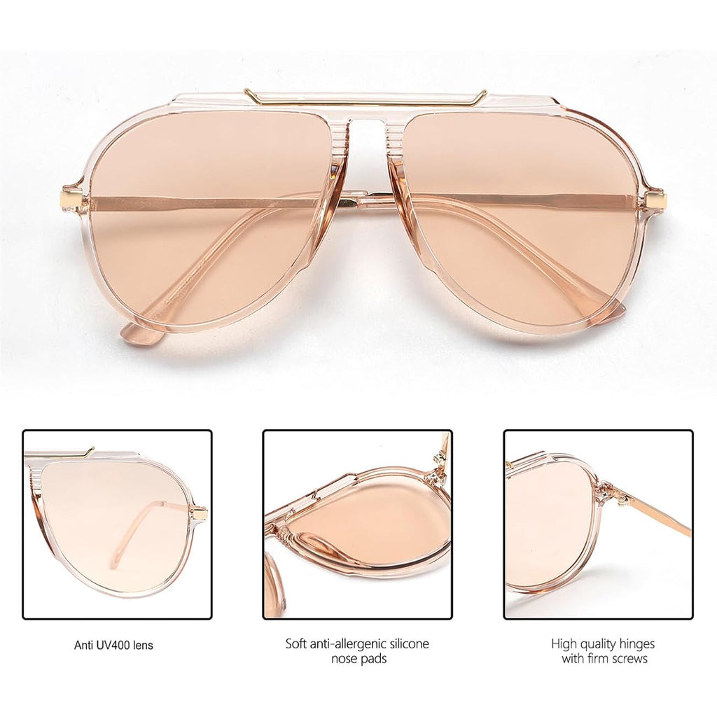 GUVIVI Oversized Aviator Sunglasses for Women Men 2026 70s Retro Gold Metal Sun Glasses Tangle Free Square Aviators Clear Frame - Champagne Lens