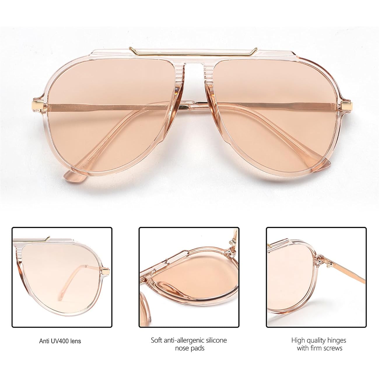 GUVIVI Oversized Aviator Sunglasses for Women Men 2026 70s Retro Gold Metal Sun Glasses Tangle Free Square Aviators Clear Frame - Champagne Lens