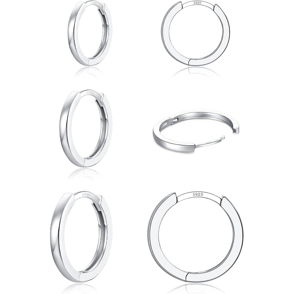 3 Pairs 925 Sterling Silver Hoop Earrings 14K White Gold Plated Small Silver Hoops Cartilage Huggie Earrings for Women Men