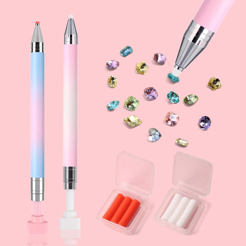 2 Pieces Rhinestone Picker Tool Diamond Art Refillable Wax Pen for Diamond Painting Nail Dotting Tool With 6pcs Wax Refills（Pink&Blue）