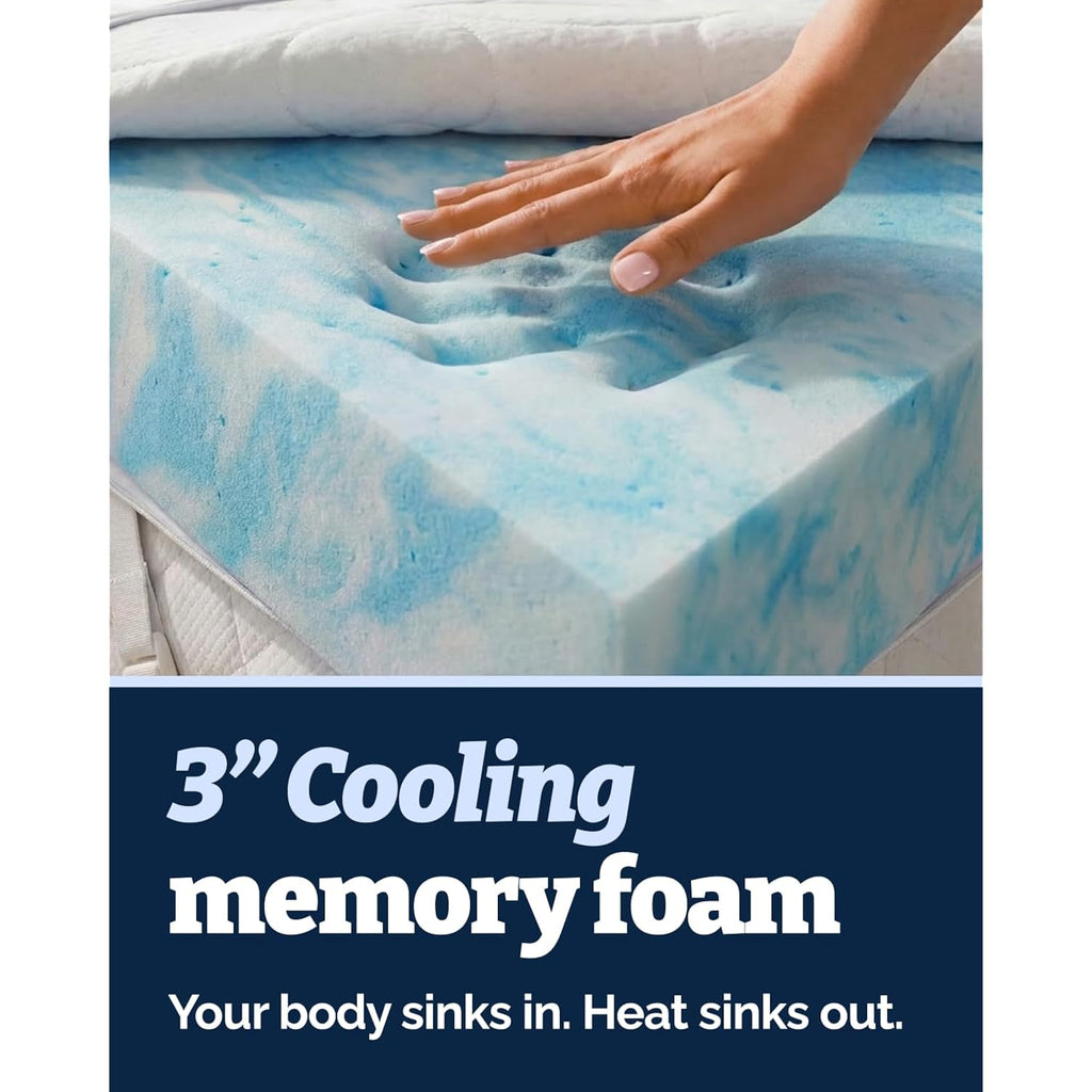 Memory Foam Mattress Topper & Cooling Cover - Dorm Room Essentials - 3 Inch