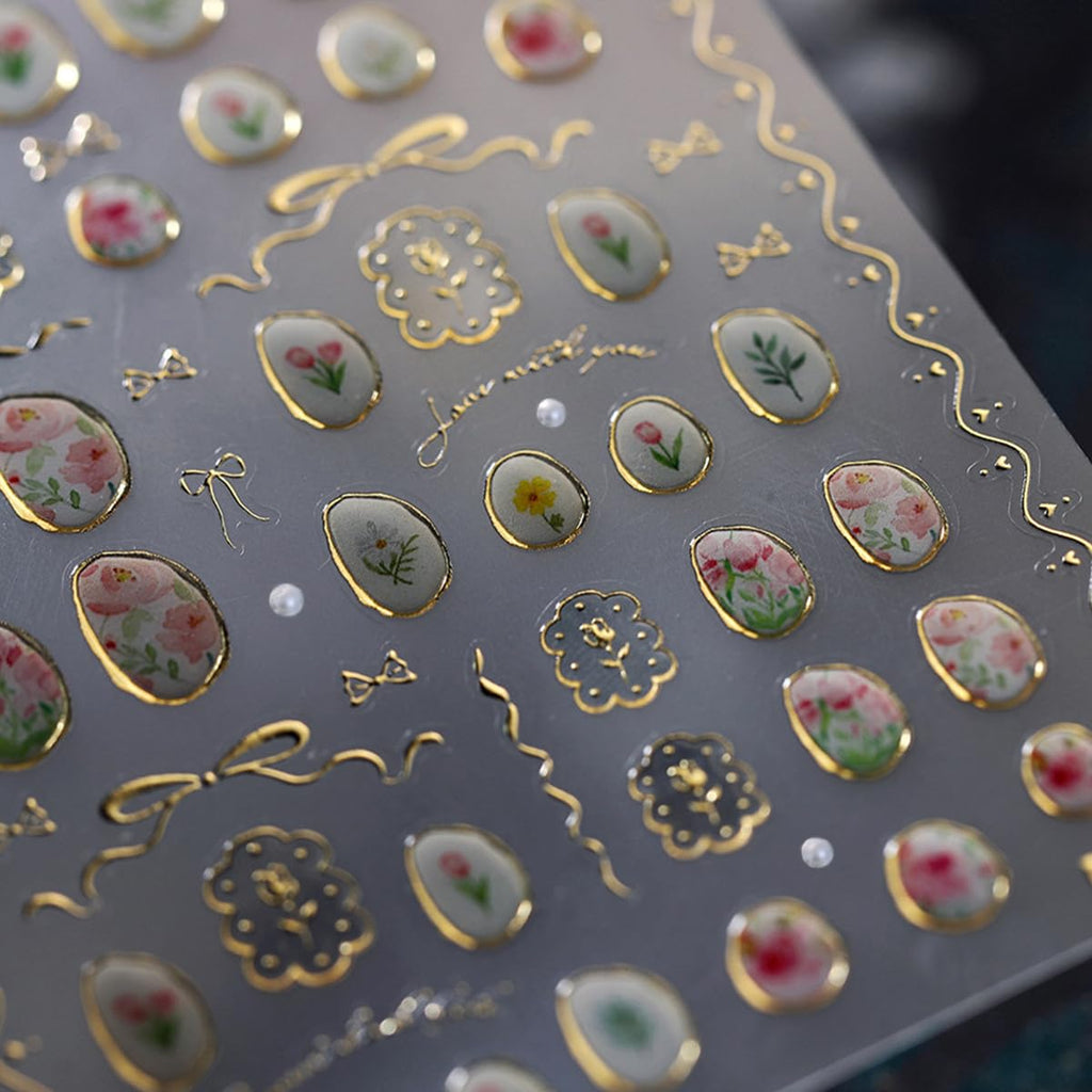 5D Embossed Flower Nail Art Stickers Cute Tulip Irregular Frame Gold Bow Hollow Designs Self Adhesive Nail Decals Bronzing Nail Sticker with Pearl Charms for Women DIY Nails Art Accessories