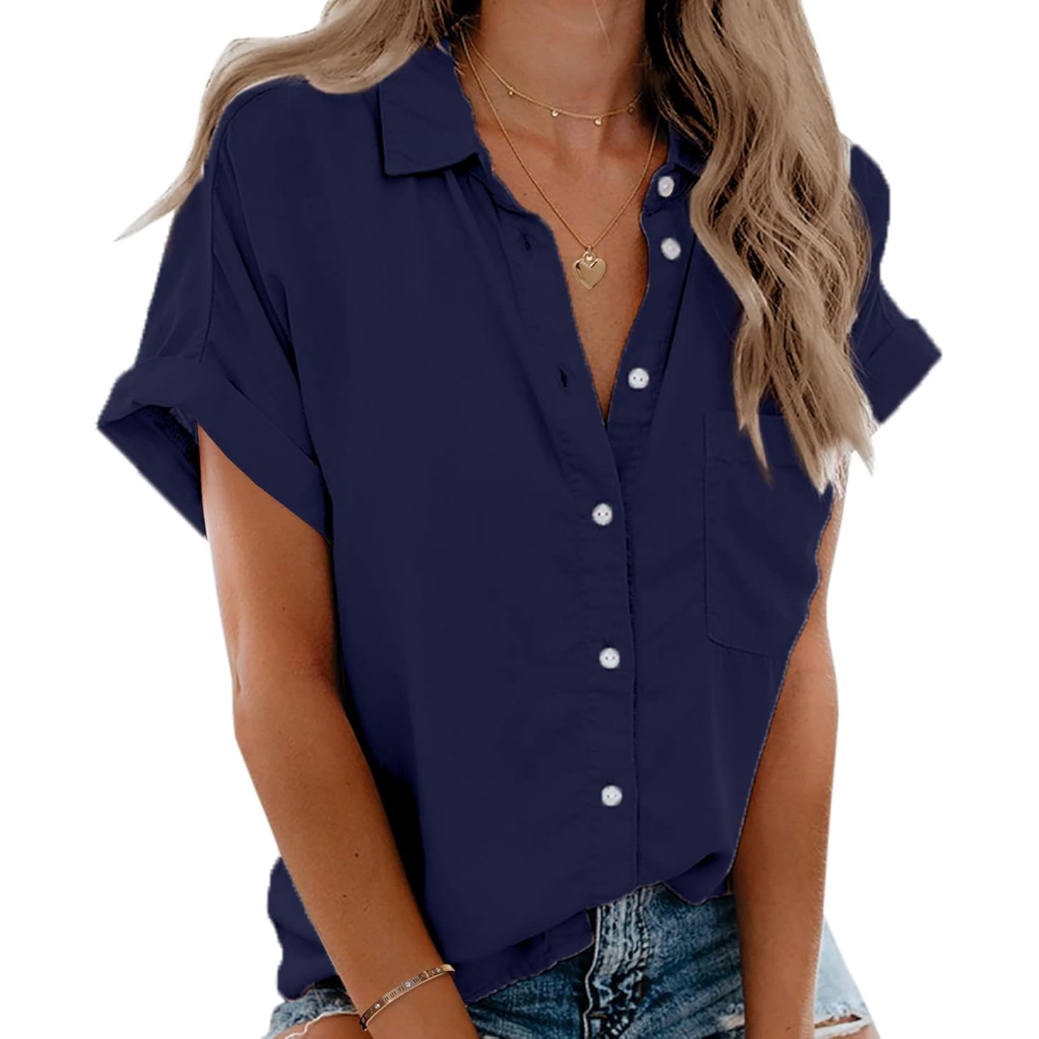 Womens Short Sleeve Shirts V Neck Collared Button Down Shirt Tops with Pockets
