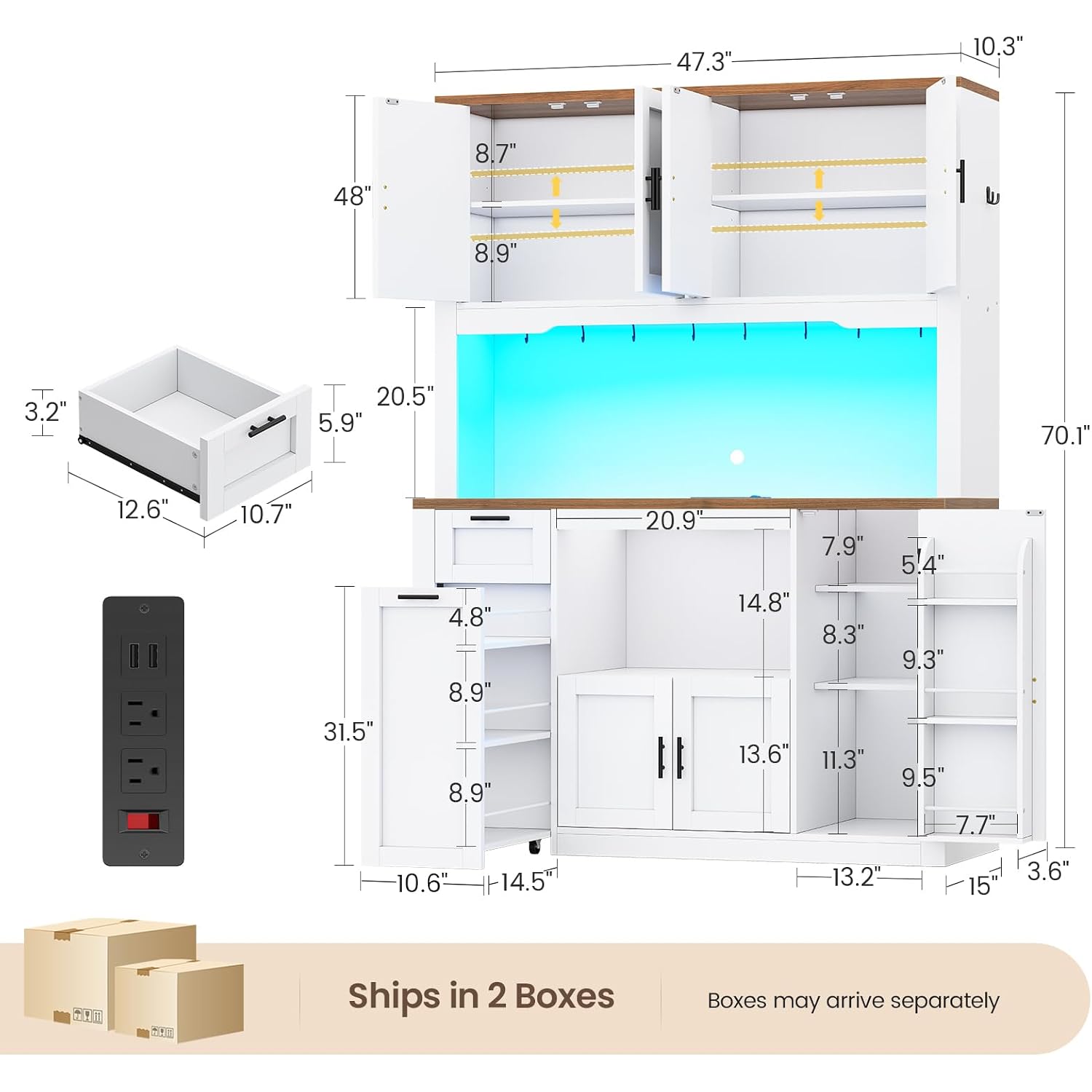 Itaar 71" Pantry Cabinet With Charging Station And Led Light, Kitchen Pantry Cabinet With Microwave Stand, 47.2" Wide Kitchen Storage Cabinets With Storage Cart 3 Tier For Dining Room, White