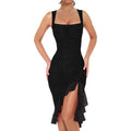 Boriflors Women'S Sexy Ruched Bodycon Midi Dresses Square Neck Sleeveless Ruffle Hem Club Party Tank Dress