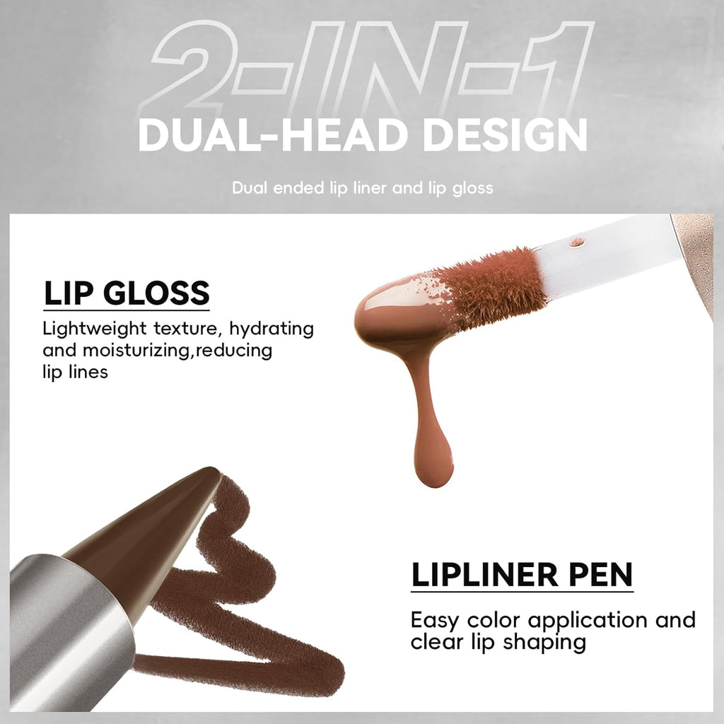 HOSAILY 2 in 1 Lip Combo Sets, Dark Brown Natural Lips Liner and Liquid Lipstick Combo Moisturizing Nude Glossy Gloss Lip Kit, Plumping Lightweight Lips Pencil with High Shine Tinted Gloss Set01