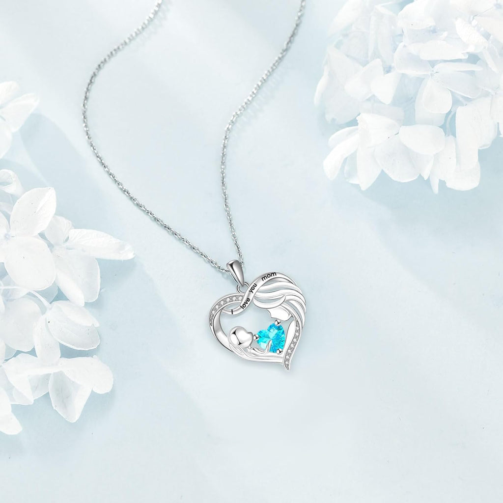 Mothers Day Gifts for Mom Mother and Daughter/Son Necklace Love Heart Jewelry 18K White Gold I Love You Mom Birthstone Necklace Birthday Gift for Women