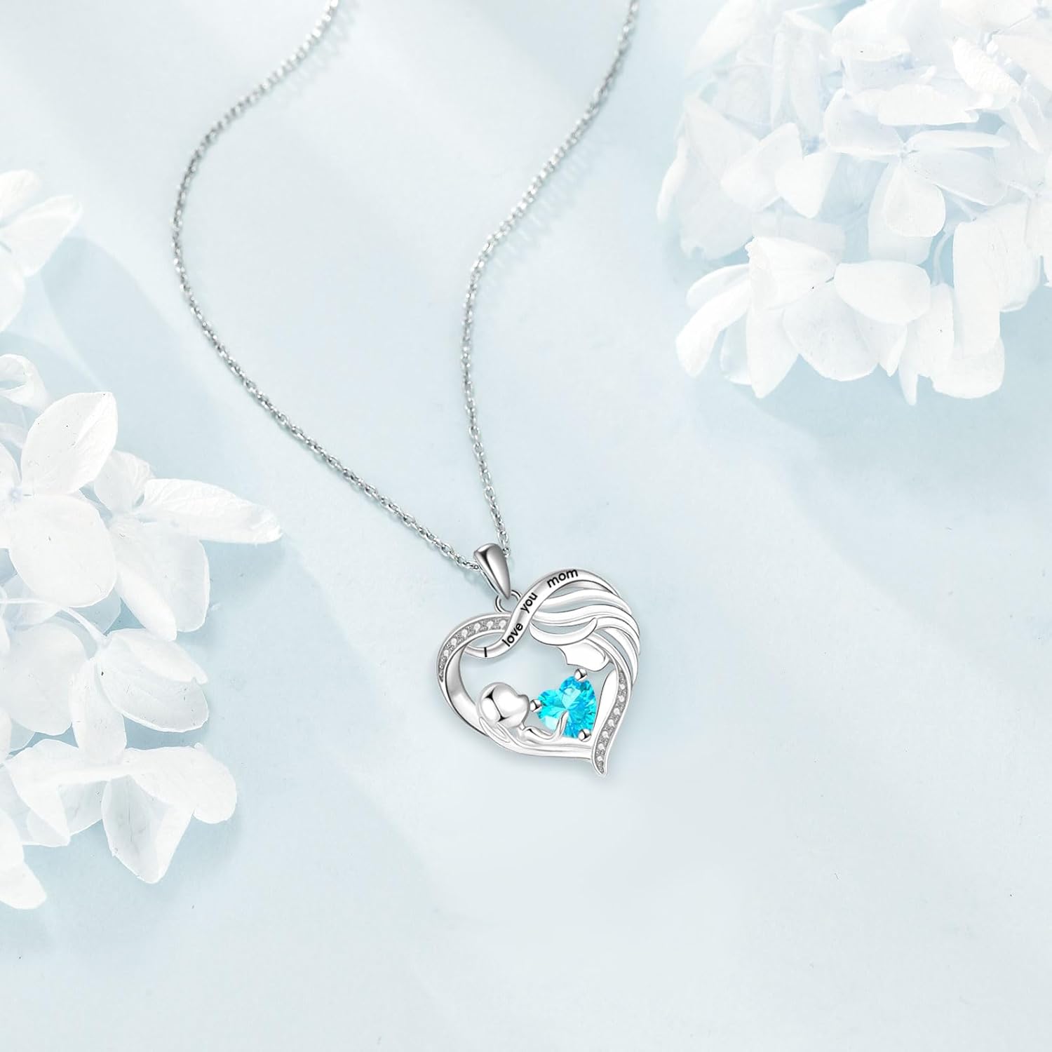 Mothers Day Gifts for Mom Mother and Daughter/Son Necklace Love Heart Jewelry 18K White Gold I Love You Mom Birthstone Necklace Birthday Gift for Women