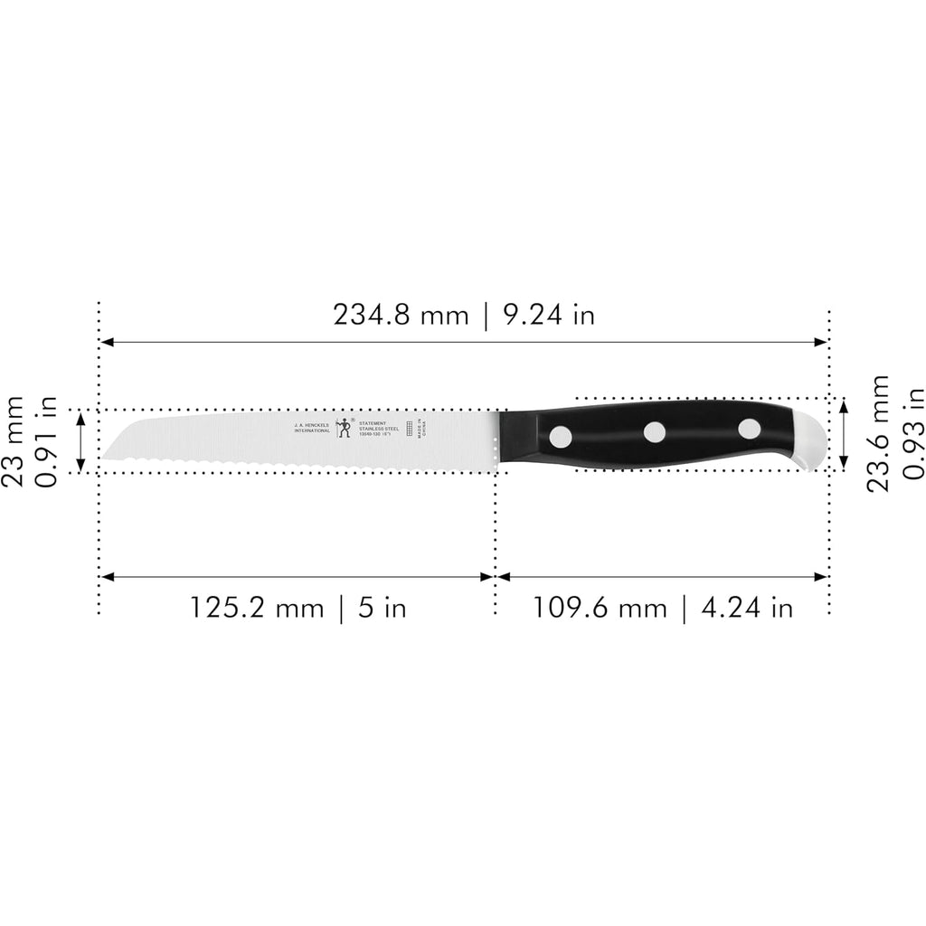 HENCKELS Statement Razor-Sharp 5-inch Serrated Utility Knife, Tomato Knife, German Engineered Informed by 100+ Years of Mastery, Black/Stainless Steel