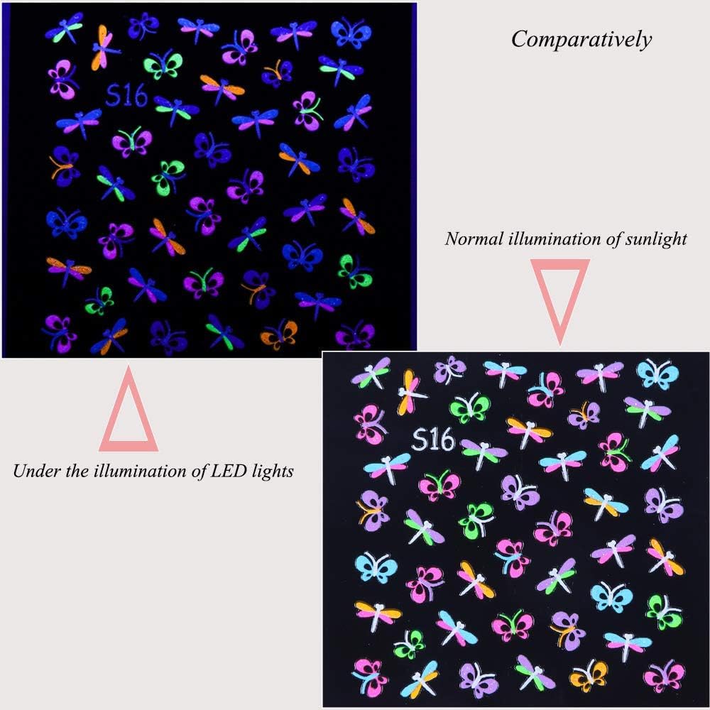 EBANKU 24Sheets Fluorescence Nail Art Stickers Decals 3D Self-Adhesive Butterfly Flower Love Fruits Pattern DIY Decoration Tools Accessories for Women Kids